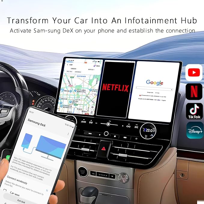 Car Screen Mirroring Adapter with Wireless CarPlay - Supports Watching Any App (YouTube, Net-flix, TikTok, etc.), Siri Control & Phone Charging, Compatible with Factory-CarPlay Equipped Vehicles.
