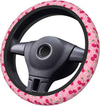 Cherry Steering Wheel Cover Anti-Slip and Practical 14.5-15 Inch Universal Car Steering Wheel Cover with 2 Pieces Car Coasters Suitable for Men Women