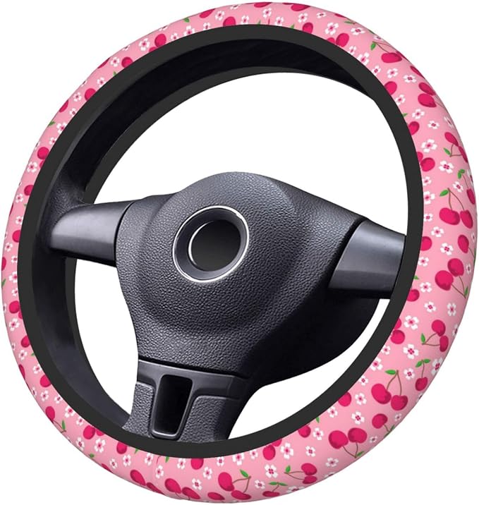 Cherry Steering Wheel Cover Anti-Slip and Practical 14.5-15 Inch Universal Car Steering Wheel Cover with 2 Pieces Car Coasters Suitable for Men Women