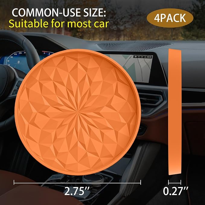 ME.FAN Car Coasters for Cup Holders [4 Pack] - 2.75In Silicone Auto Mug Mats - Universal Non-Slip Recessed Car Interior AccessoriesOrange
