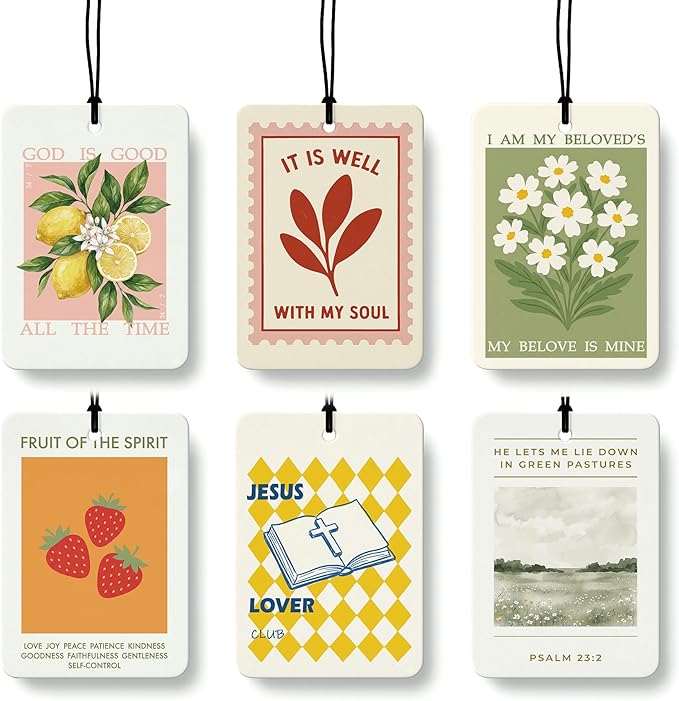 Christian Car Air Freshener 6 Pcs Coconut Scented, Lemon Strawberry Religious Bible Car Accessories Mirror Decor for Women, Christian Hanging Air Freshener for Cars Closet Drawer Books