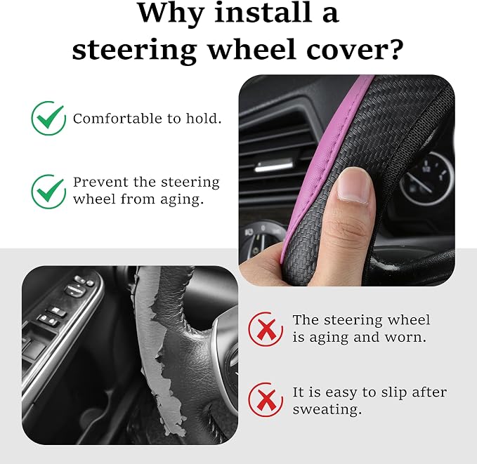 Car Steering Wheel Cover, 15 inch Carbon Fiber Microfiber Anti-Slip Breathable PU Leather Elastic Steering Wheel Protector, Car Interior Accessories for Most Cars (Pink)