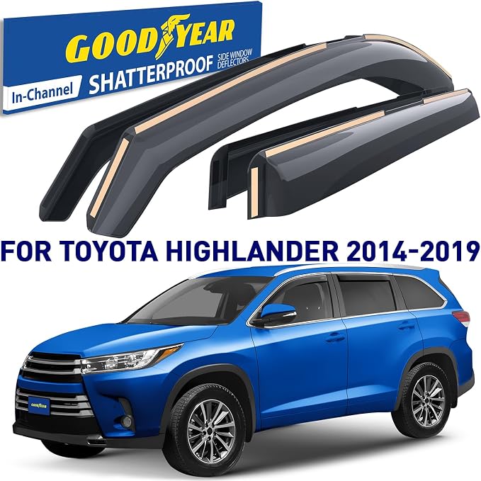 Goodyear Shatterproof in-Channel Window Deflectors for Toyota Highlander 2014-2019, Rain Guards, Window Visors for Cars, Vent Deflector, Car Accessories, 4 pcs - GY008034