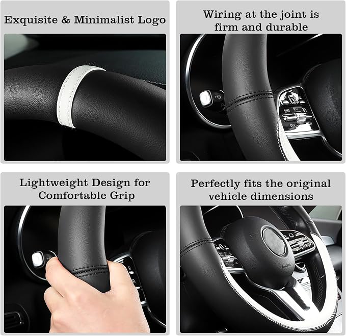 Car Leather Steering Wheel Cover - Panapi Material, Universal 14.5-15 Inch Leather Anti-Slip Breathable Auto Steering Wheel Covers for Men Women (Nappa Leather - Black & White)