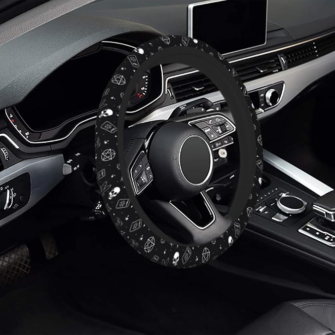 Gothic Skull Cat Steering Wheel Cover for Women, Cute Breathable Anti Slip Stretch Neoprene Car Protector Accessories Universal 15 Inch-Black (Tarot, Spell Book)