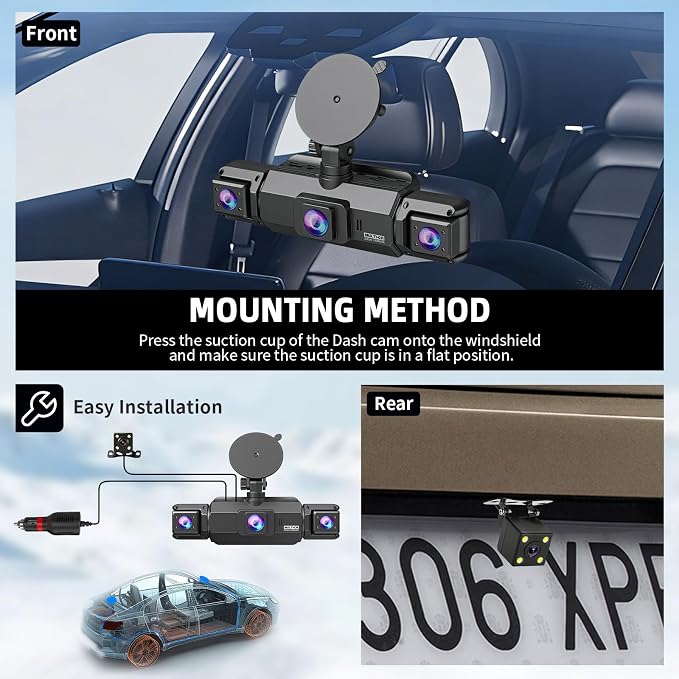 4 Channel Dash Cam Front and Rear Cabin, 360 Dash Camera, Night Vision 8 IR Lamps for Cars, 5G WiFi for Download, G-Sensor, 24H/7 Parking Mode with 64GB Card, Support 256 GB Max
