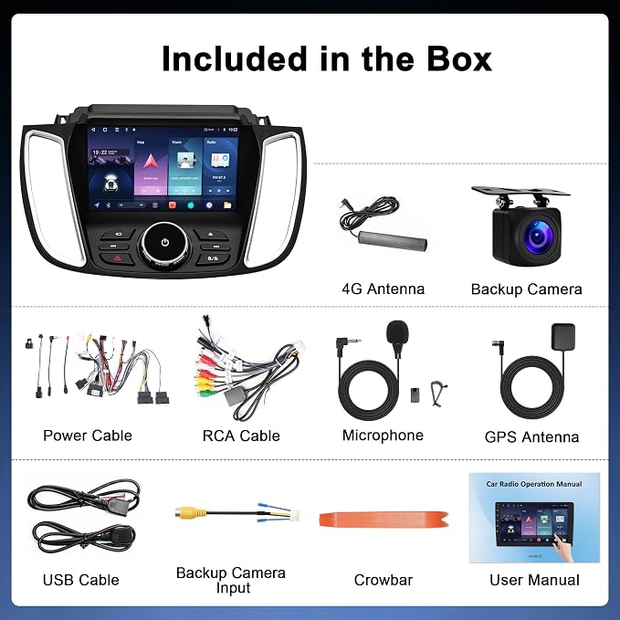 8Core 4G+64G Car Radio for Ford Escape 2013-2019: CarPlay Android Auto | Upgrade Android 15 9" Touchscreen Stereo, BT, WiFi 6, GPS, AM, FM, RDS, 36EQ, SWC, 1080P Backup Camera