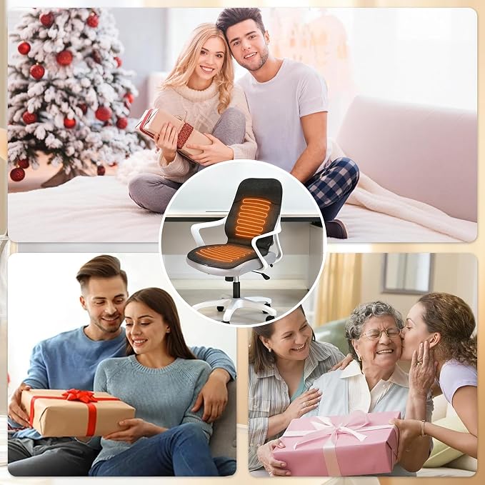 Black Heated Seat Cushion for Office Chair, Heated Seat Warmer for Pain Relief with 3 Heat Levels, Chair Seat Pad for Back, Waist, HIPS Home Office Use, Warm Christmas Holiday Gift for Winter