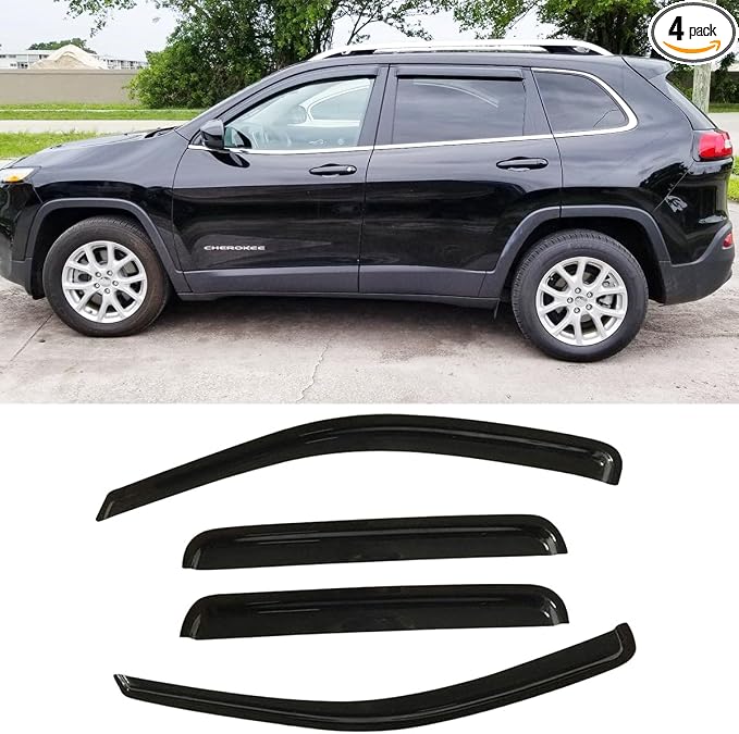 Side Window Wind Vent Deflector fit for 2014-2022 Jeep Cherokee, 4pcs Out-Channel Tape-On Rain Guards Set, Dark Smoke Nice Window Visor Exterior Car Accessories 94981