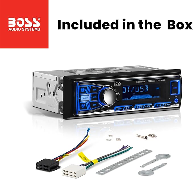 611UAB Car Stereo - Single Din, Bluetooth, No CD DVD Player, AM/FM Radio Receiver, Aux Input, USB