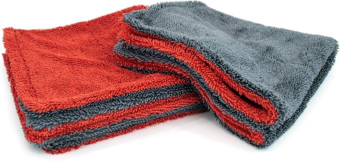 Dreadnought Jr. Microfiber Towel, Superior Absorbency for Drying Cars, Trucks, and SUVs, Double-Twist Pile, One-Pass Vehicle-Drying Towel - Pack of 1, Red/Gray (16 inch x 16 inch)