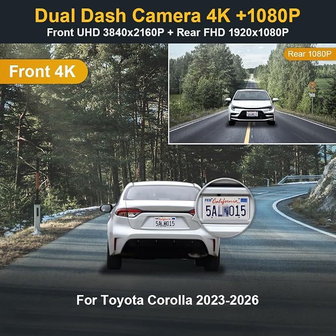 Front 4K+Rear 1080P Dash Cam Adapts for Toyota Corolla 2023-2026 Sedan Hybrid Hatchback, Integrated OEM Look, 2 Way HD Video, WiFi & APP, Loop Recording, G-Sensor, Easy to Use, 128GB Card