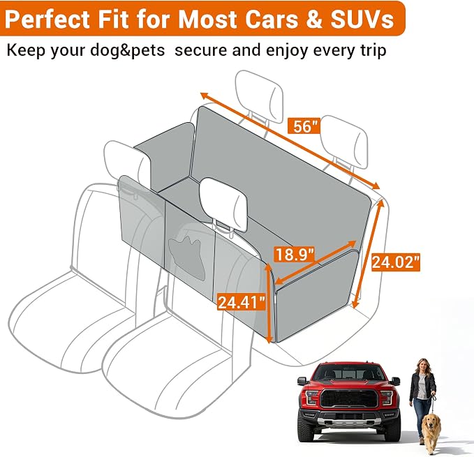 Dog Car Seat Cover for Back Seat, 56" Waterproof Dog Car Hammock with Mesh Window and Side Flaps, 600D Oxford Fabric Pet Seat Protector for Cars, SUVs & Mid-Size Trucks, Black