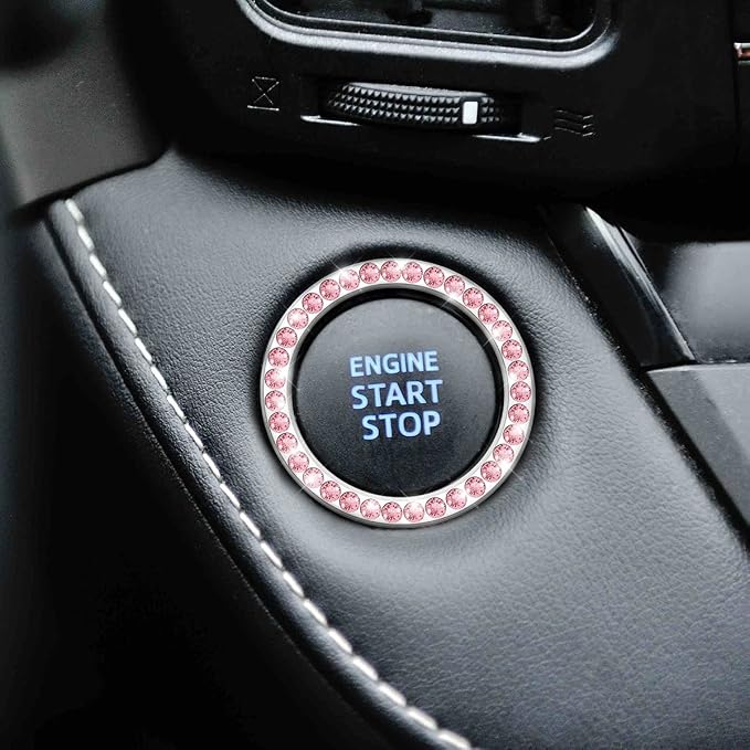 Car Bling Crystal Rhinestone Engine Start Ring Stickers, 1 Single Drainage Drill and 1 Double Drainage Drill Car Start Button Cover, Key Ignition Knob Bling Ring Decals, Car Accessories(Set Pink)
