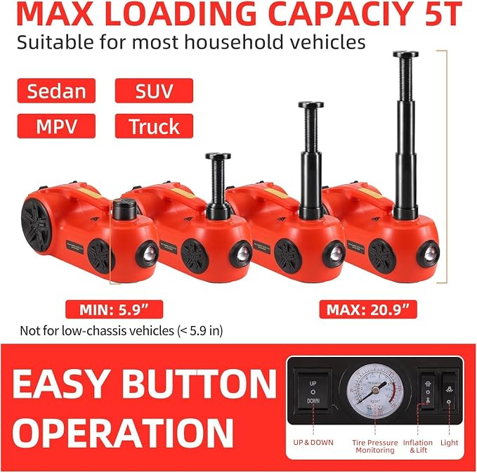 Upgraded Electric Hydraulic Car Jack Kit 5 Ton 12V Portable Lift Range 20.9 Inch with Impact Wrench and Tire Inflator Pump for SUV Sedan Truck Repair Floor Jack for Tire Change with LED Light