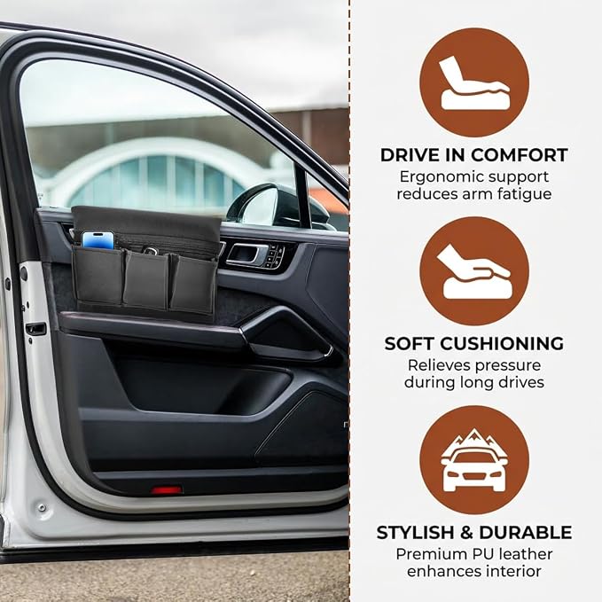 Car Window Armrest Storage Box, Soft Leather Vehicle Side Door Organizer Bag Elbow Rest Cushion with Multiple Pocket, Multifunctional Auto Window Armrest Storage Bag, Universal Fit (Black)