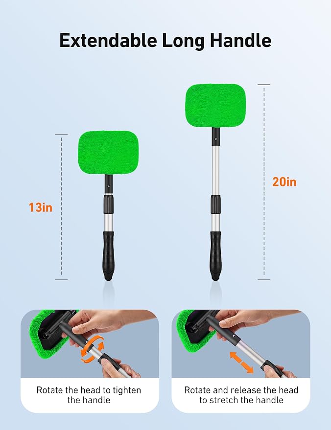 Windshield Cleaner, Microfiber Window Cleaner with 4 Reusable Washable Large Sponge Pads, Extendable 180° Rotating Handle, Fits Cars & SUVs, Includes Spray Bottle, Green