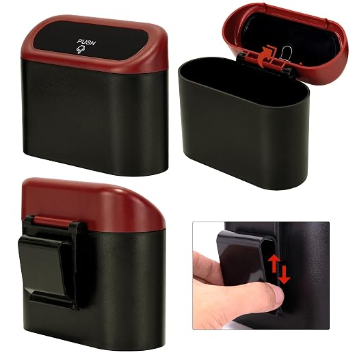Mini Car Trash Can with Lid, Small Car Garbage Can, Cute Leakproof ABS Car Trash Bin, Car Accessories for Interior, Garbage Bin for Car, Home, Office with 120pcs Trash Bags Black/Red