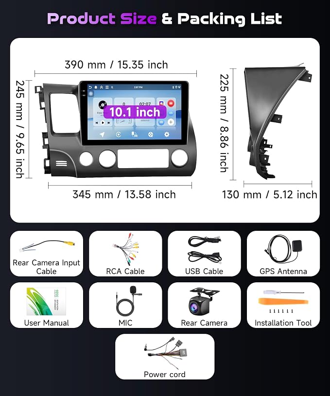 [4+64G] Android 15 Car Radio Stereo for Honda Civic 2006-2011 with Wireless CarPlay & Android Auto, 10.1 Inch in-Cell Screen Car Auido with AHD Backup Camera GPS WiFi FM RDS Radio EQ SWC