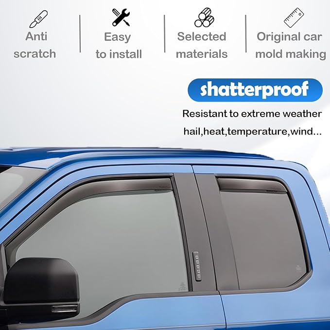 Window Rain Guards for 2007-2013 Chevy Silverado & GMC Sierra 1500 for Extended Cab, Window Visor Vent Wind Shade Deflector Shield Protector Sun for 07-14 Silverado & Sierra 2500 HD/ 3500 HD, Tape-on
