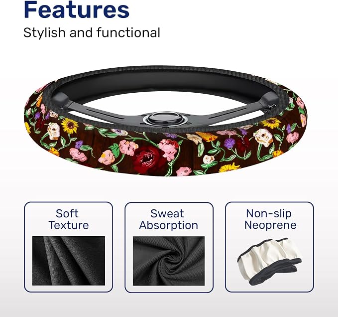 Vintage Floral Music Steering Wheel Cover, Polyester Car Wheel Grip, Universal 15 Inch for Cars SUVs Trucks