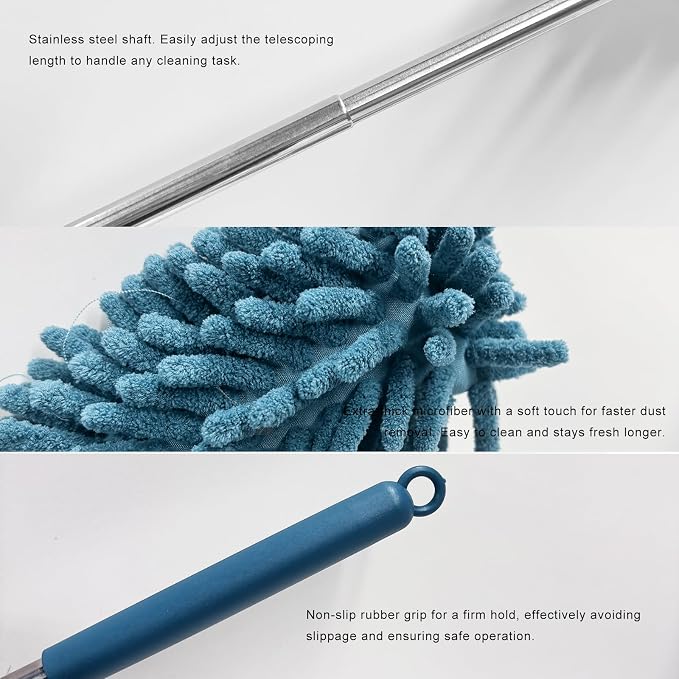2 PCS Car Interior Duster with Extension Pole, Stretchable Chenille Vehicle Dusters with Bendable Head, Scratch Free Dusters Soft Cleaning Tool for Car Exterior & Interior (Navy Blue)