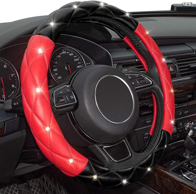 Black Red Steering Wheel Cover, Universal Car Steering Wheel Protector with Crystal Rhinestones Anti-Slip Soft Interior Accessories for Women and Girl Fit 14.5-15 inch