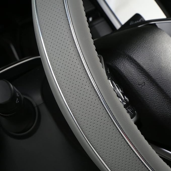 Gray Leather Steering Wheel Cover Silver Fiber Strip Car Steering Wheel Cover Universal 15 inch for Men