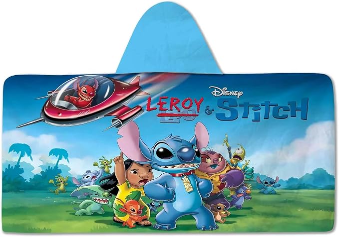 Stitch Printed Soft Cotton Terry Hooded Towel Wrap, Absorbent Hooded Towel for Bath Pool Beach Lounging, 28 in x 55 in