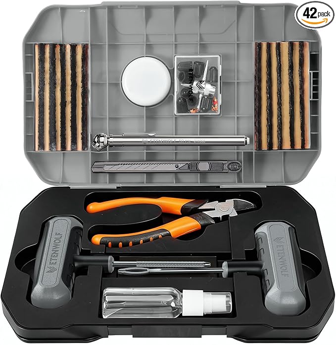 Tire Repair Kit 42 Pcs, Heavy Duty Tire Plug Kit to Fix Punctures, Tire Repair Tool with Plugs for Car, Motorcycle, ATV, Jeep, Truck, Tractor, Gifts for Him Her Men Women (Grey)