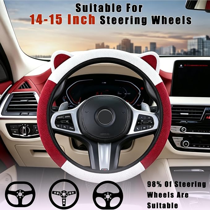 Steering Wheel Cover with Ears Keychain Fit 14-15 inch White Red | Cute Ears Car Steering Wheel Covers for Women Girls Elastic Breathable Steering Wheel Protector Accessories Universal Size