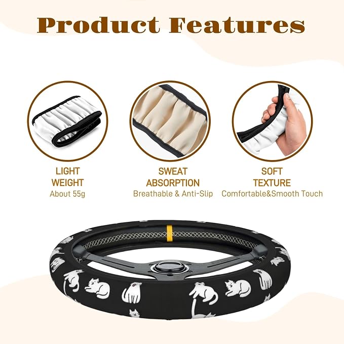 Steering Wheel Cover Accessories Neoprene Cover, Breathable Non-Slip Easy to Install Suitable for Women Men, 14.5-15.5 Inch for Car SUV Van Truck Universal - Lazy Kitten