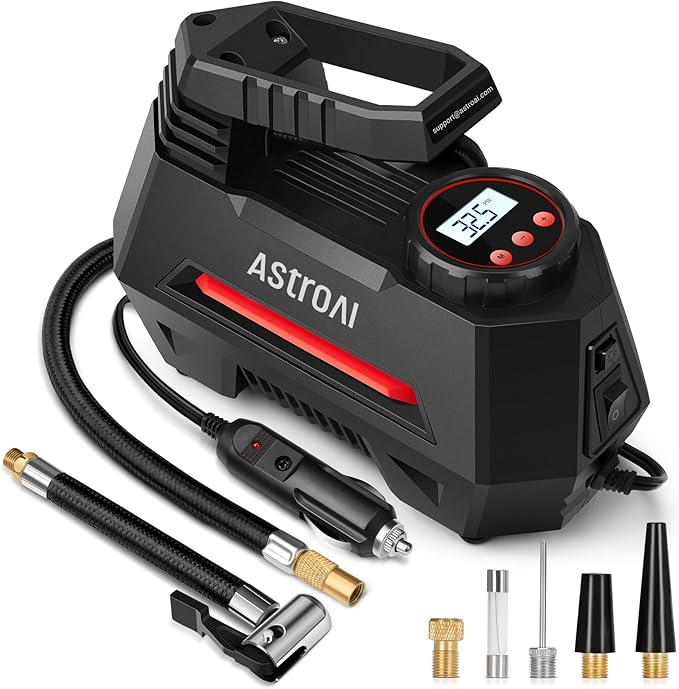 AIRUN H Tire Inflator Portable Air Compressor Air Pump for Car Tires - Car Accessories, 9.8Ft Cord-12V DC-Powered Auto Pump with Digital Pressure Gauge, LED Light for Bicycle, Balloons, Red