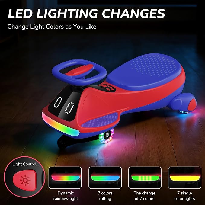 12V Electric Wiggle Car for Kids with Pedal, Display, Rechargeable Battery, LED Light, Bluetooth, Light-Up Wheels, Anti-Rollover, 2 Speeds, Ride on Toys, Birthday Gifts for Age 3+, 150Lbs