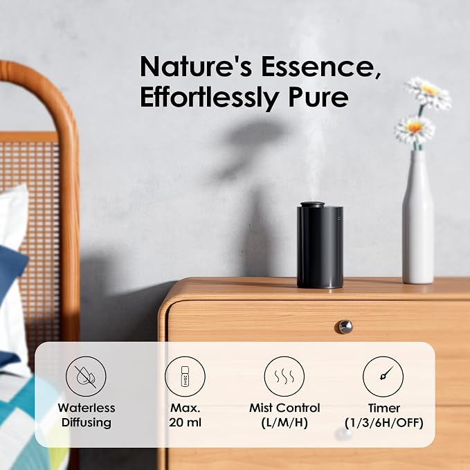 Waterless Essential Oil Diffuser Starter Kit with 4 x 10mL Hotel Scent Fragrance Oil, Battery Operated Mini Scent Air Machine Portable Diffuser for Home Car Office, AN6Kit-04 Black