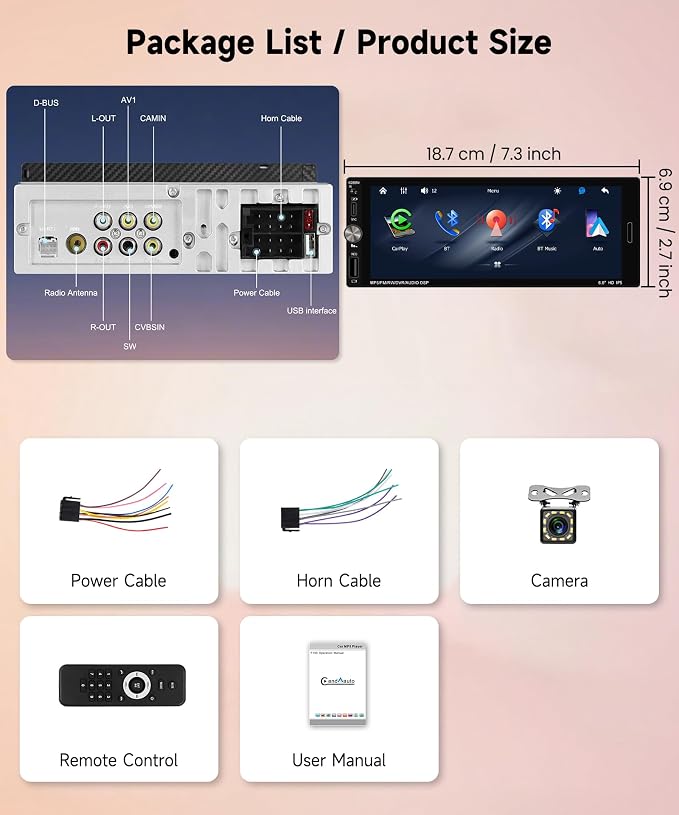 Single Din Car Radio Stereo Wireless Carplay & Android Auto, 6.9" HD IPS Touch Screen Radio, Bluetooth 5.2 Car Audio Receiver, Mirror Link, SWC, 1 Din Stereo with Backup Camera, FM/EQ/USB/Type-C