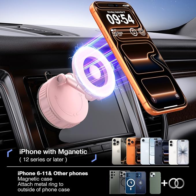 Phone Holders for Your Car for Magsafe Car Mount (130LB Ultra Suction Cup & 360° Adjustable) Vacuum Cell Phone Car Mount, Magnetic Car Phone Holder for Dashboard/Windshield for iPhone & Android