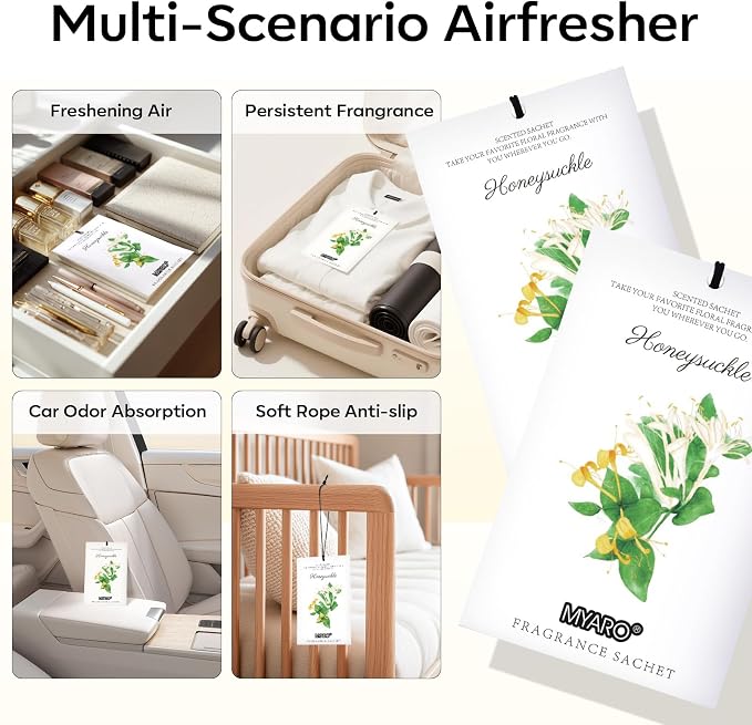 12 Packs Honeysuckle Scented Sachets for Drawer and Closet, Long Lasting Air Freshener Fresh Scents Potpourri Bags Home Fragrance for Room Car Small Space