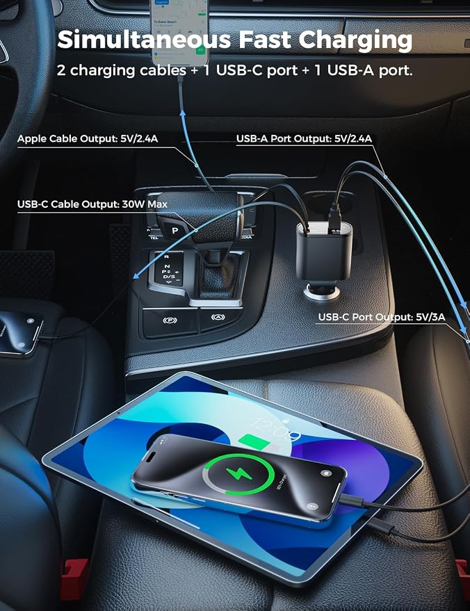[Upgraded] Retractable Car Charger 4 in 1, Fast Car Phone Charger with Cord 2.6ft, USB C and Apple Car Adapter, Compatible with iPhone 17 16 15/15 Pro Max/14/13/12/11, Galaxy, Pixel