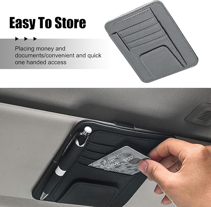 Car Sun Visor Organizer, Multi-Pocket Leather Auto Visor Storage Bag with Clip-on Design, Car Interior Organizer for Cards, License, Sunglasses and Pens, Universal for Most Cars (Gray)