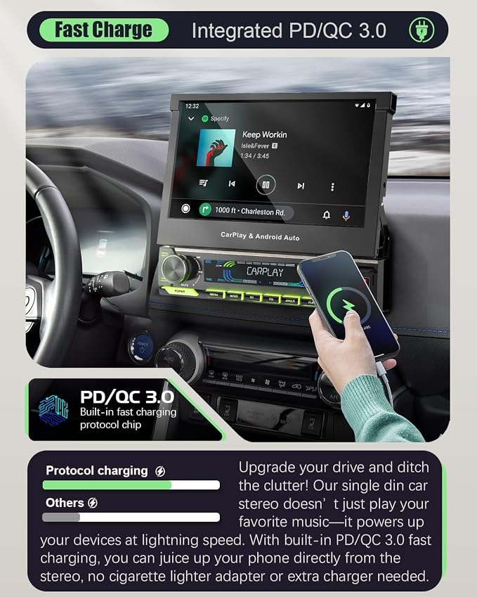 【 】 Single Din Touchscreen Radio with Wireless CarPlay, 7 inch QLED Android Auto Screen for car,Motorized Flip Out Car Stereo Upgrade Fast Charging(QC/PD 3.0)/AM/FM/DSP/AHD (S7012)