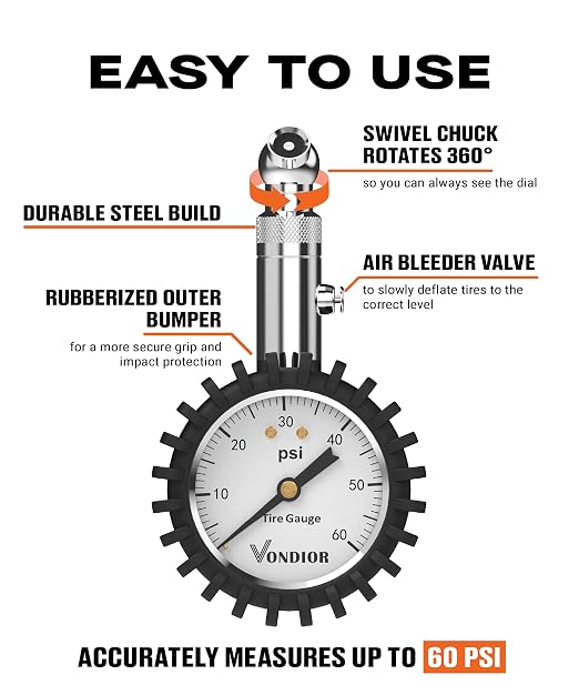 Tire Pressure Gauge - (0-60 PSI) Heavy Duty, Certified ANSI Accurate with Large 2 Inch Easy to Read Glow Dial, Low - High Air Pressure Gauge. Tire Gauge for Car and Trucks Tires by