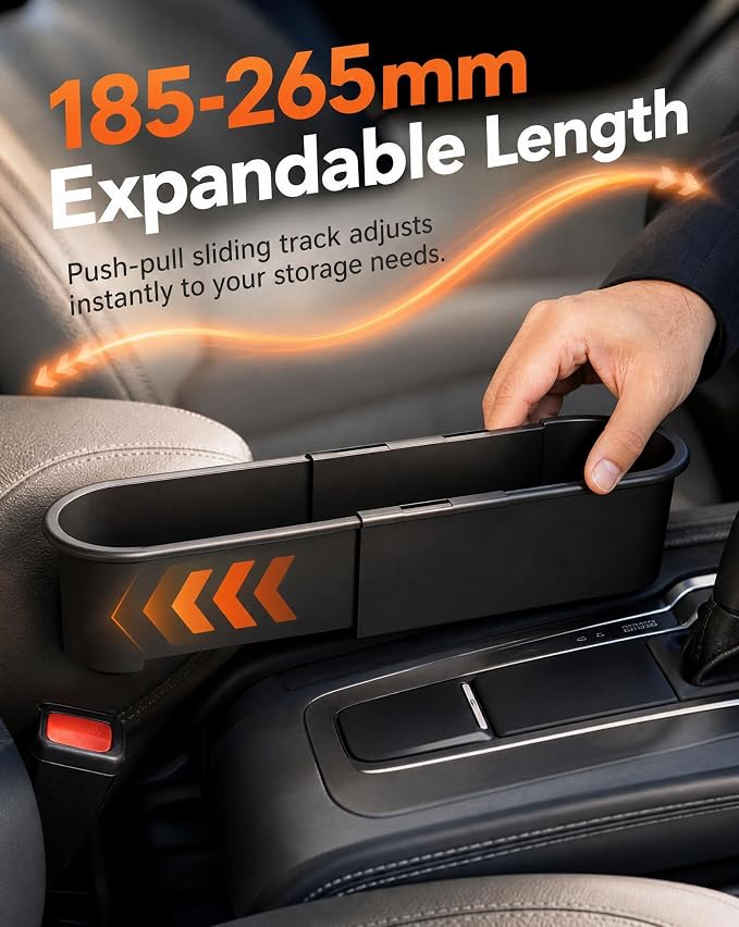 2-Pack Expandable Car Seat Gap Organizer, Adjustable 185-265mm | Driver & passenger side pockets, sliding gap storage box, fits phone keys wallet, seat gap filler set, stop drops