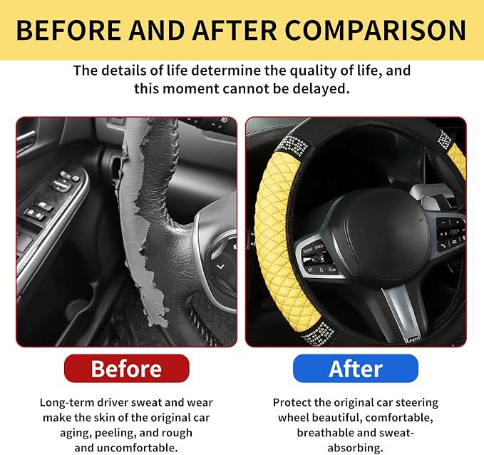 Bling Car Steering Wheel Cover, 15 Inch Rhinestones Soft Leather Elastic Steering Wheel Protector, Sparkly Crystal Diamond for Women, Car Interior Accessories for Most Cars (Yellow)