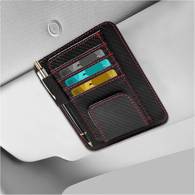 Car Sun Visor Organizer, Leather Auto Visor Card Holder with Sunglasses Clip, Multifunctional Sunvisor Storage Pouch Vehicle Interior Pocket for Driving License Pen Ticket (Carbon Fiber & Red)