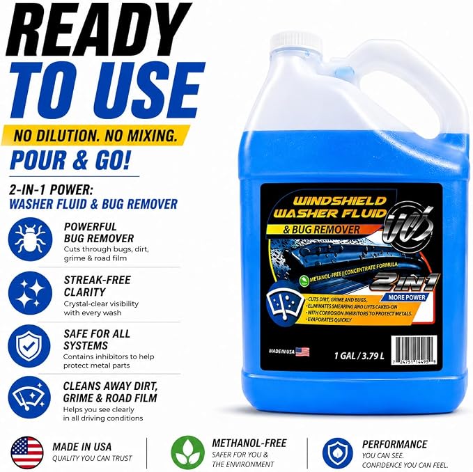 Windshield Washer Fluid 2-in-1 Bug Remover – Ready to Use Formula – Streak-Free Cleaning – Removes Dirt & Road Grime – 1 Gallon (128 fl oz) Methanol-Free
