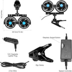 12V Car Clip Fans, Adjustable Dual Head Clip Fan 360° Rotatable Cooling Air Fan, 4'' Electric Auto Car Fans with Cigarette Lighter Plug for Vehicles, RV, SUV
