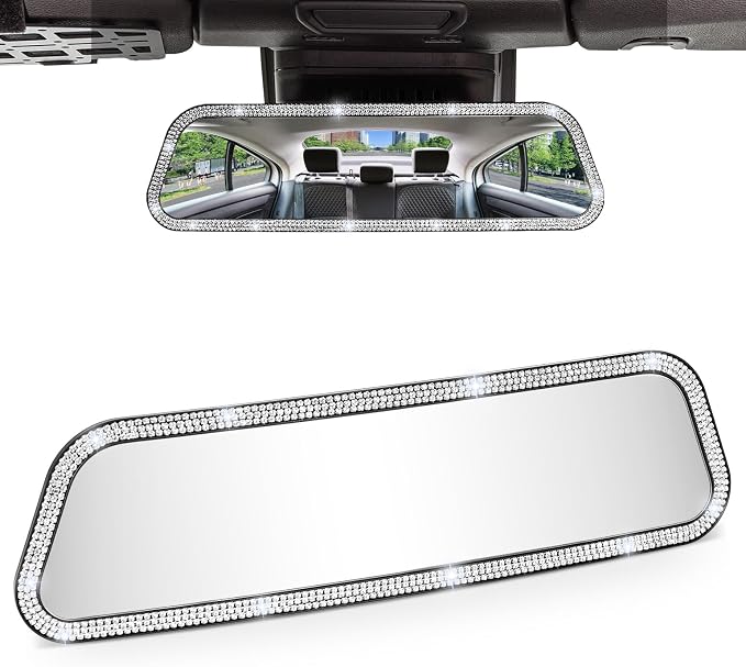Rearvie Mirror, 12 Inch Panoramic Interior Clip-on Wide Angle Convex Rear View Mirror with Bling Rhinestones Diamonds Edge, Effectively to Reduce Blind Spot, Universal for SUV Trucks -White