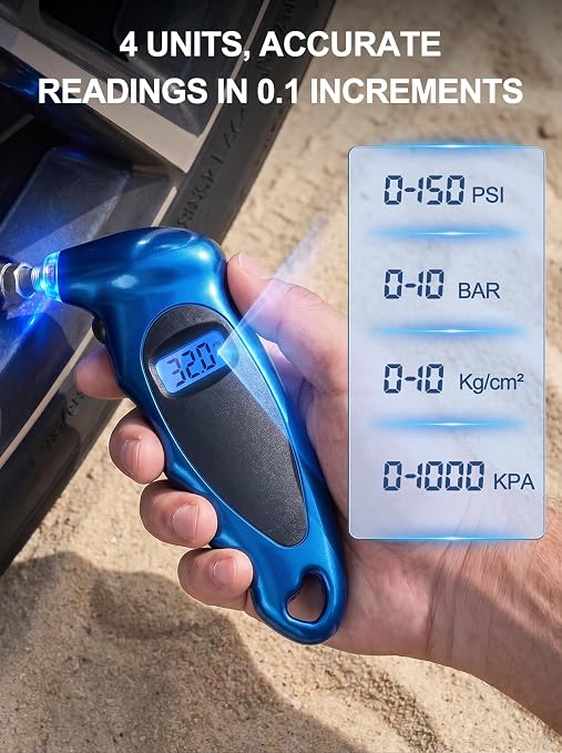 Digital Tire Pressure Gauge 150 PSI, Accurate in 0.1 Increments,1 Pack Tire Pressure Gauge with Backlight LCD, 4 Units (PSI/Bar/Kgf/cm²/KPA) Applicable to Car Truck Bicycle, Blue