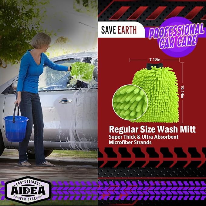 AIDEA Car Wash Mitt Microfiber, 1PK, Car Wash Brush, Green, 7.12' X10.14'' | Scratch Free Lint-Free Premium Chenille Microfiber Mitt, Cleaning Supplies, Regular Size